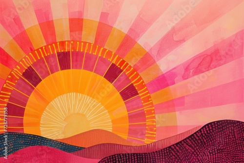 Artistic representation of a sunrise, featuring a vibrant sunburst pattern in a modern abstract style..