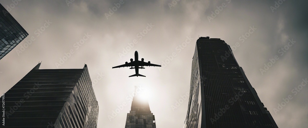 silhouette of a passenger plane flying over two skyscrapers - obrazy, fototapety, plakaty 