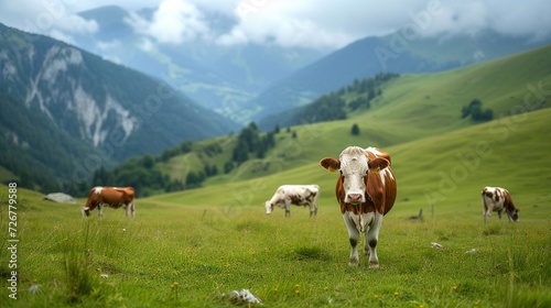 A cow grazes on alpine meadows. Agricultural industry