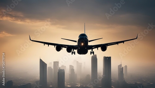 silhouette of a passenger plane flying over two skyscrapers, warm light, foggy weather
