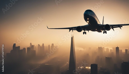silhouette of a passenger plane flying over two skyscrapers, warm light, foggy weather 
