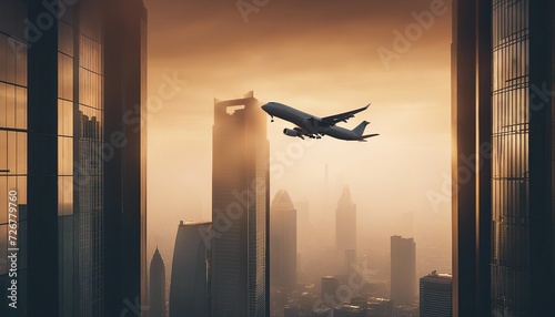 silhouette of a passenger plane flying over two skyscrapers, warm light, foggy weather 
