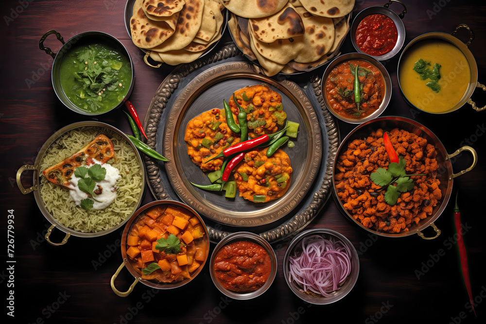 A top view of various Indian dishes including curries, naan bread, and rice, beautifully presented on a dark wooden table.