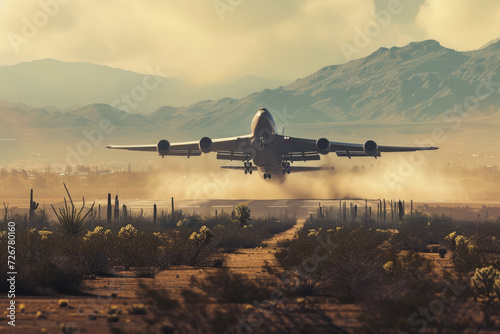 cargo plane taking off from a runway in the desert. The plane is kicking up dust, and there are cacti and mountains in the background photo