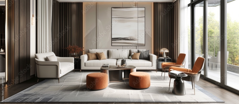 Newly designed interior with modern furniture, carpet, window, and chic decorative touches. Newly designed interior with modern furniture, carpet, window, and chic decorative touches.