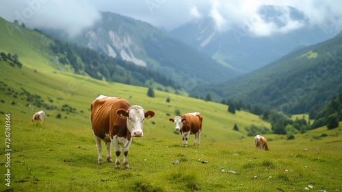 A cow grazes on alpine meadows. Agricultural industry © NeuroSky