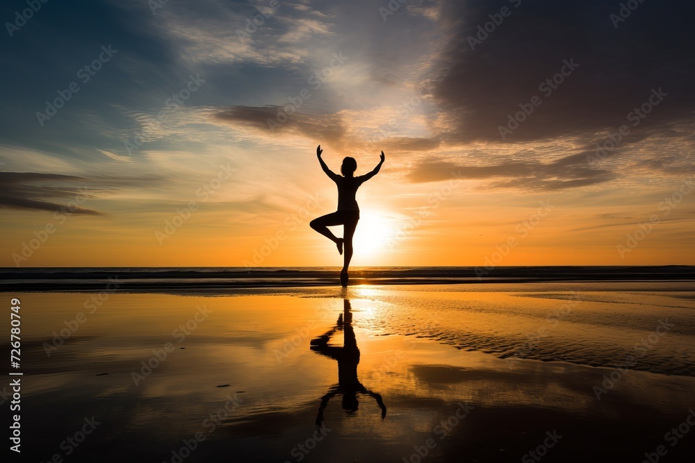 Young woman doing sunrise yoga on the tranquil seashore with a beautiful view of the morning sun