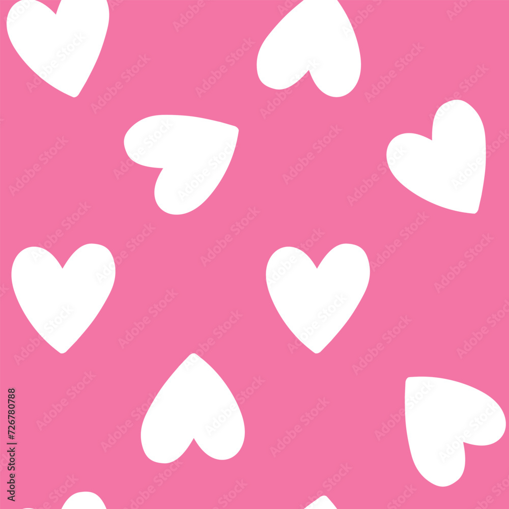 All over seamless vector repeat pattern with big white hand drawn doodle hearts on medium hot pink background. Simple cute kids Valentines day background