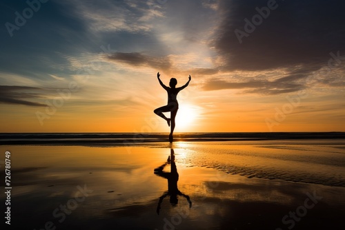 Young woman doing sunrise yoga on the tranquil seashore with a beautiful view of the morning sun