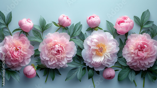 Serene Pink Peony Flowers and Buds Flat Lay Design on Blue Background