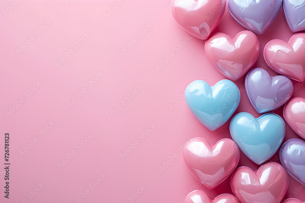 Valentine's Day background with 3D hearts in candy pastel color on a pink background, perfect for design and romantic occasions.