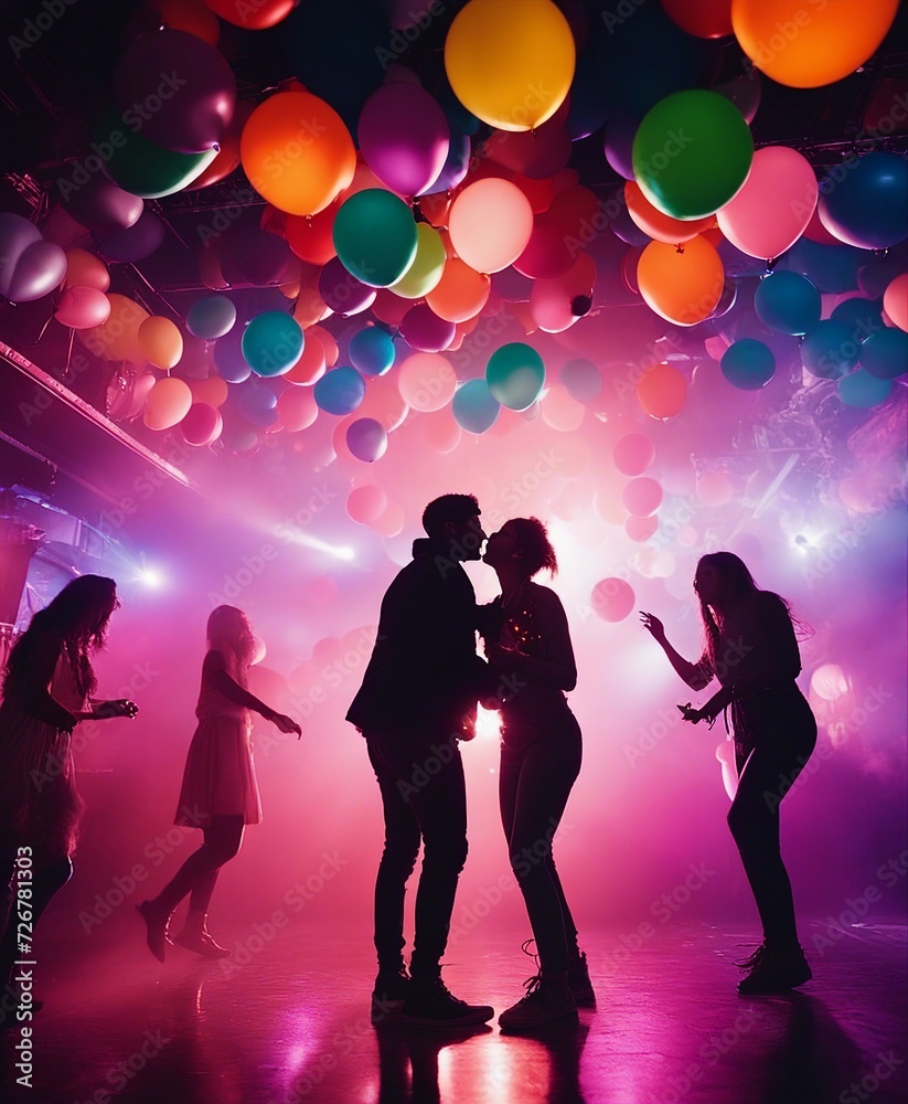 silhouette of young people having fun in a night club, colored lights, colorful balloons flying, smoky palce
