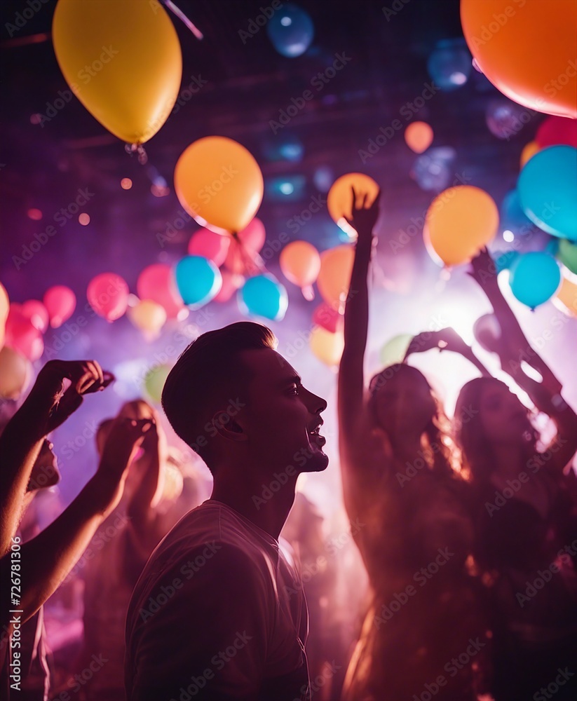 silhouette of young people having fun in a night club, colored lights, colorful balloons flying, smoky palce
silhouette of young people having fun in a night club, colored lights, colorful balloons flying, smoky palce