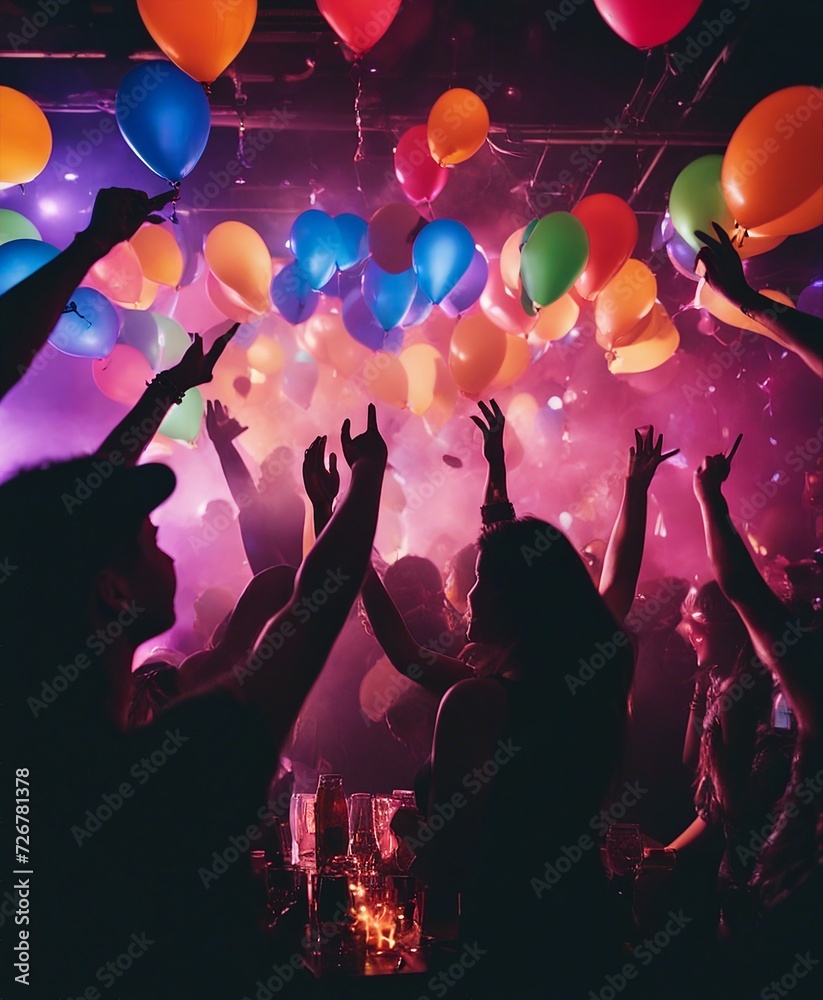 silhouette of young people having fun in a night club, colored lights, colorful balloons flying, smoky palce
