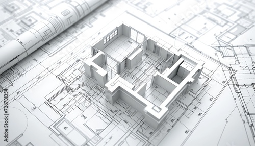 Abstract white architecture plans background from above, building engineering blueprints backdrop