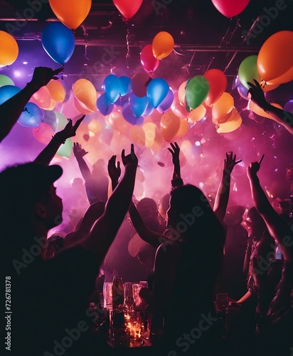 silhouette of young people having fun in a night club, colored lights, colorful balloons flying, smoky palce 