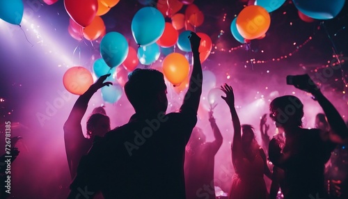 silhouette of young people having fun in a night club, colored lights, colorful balloons flying, smoky palce 