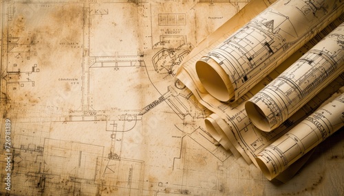 Wallpaper Mural Abstract vintage brown architecture plans background from above, building engineering blueprints backdrop Torontodigital.ca