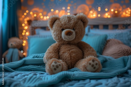 A beloved teddy bear rests peacefully on a cozy bed, surrounded by soft blankets and warm light, exuding comfort and nostalgia