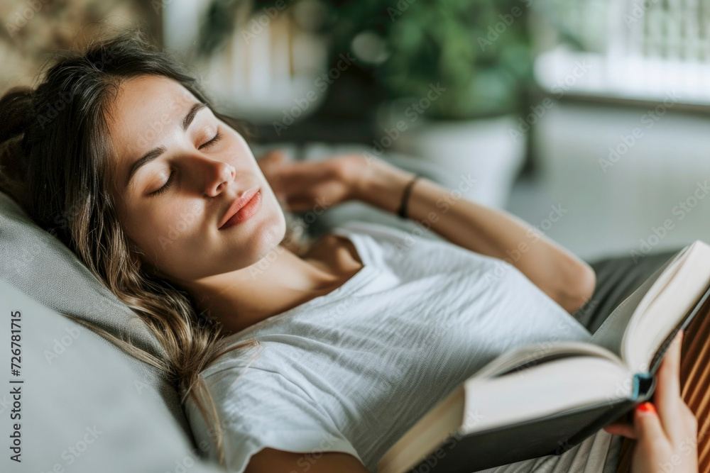 Peaceful young woman reading book while relaxing on couch during weekend time Peaceful young woman reading book while relaxing on couch during weekend time
