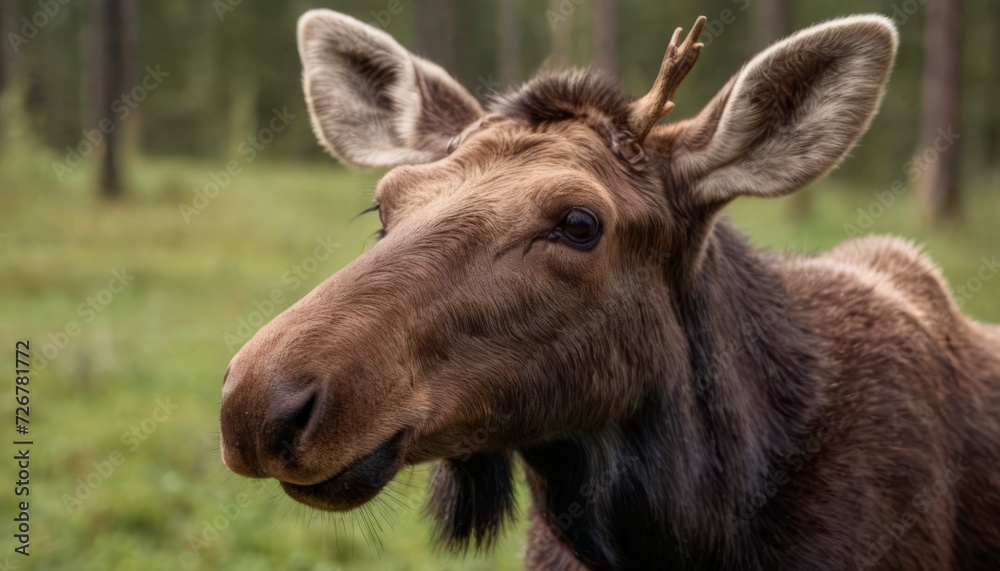 Portrait of an adult moose looking into the camera against a mountain landscape and trees. Concept of nature, tourist parks or wildlife. Portrait of an adult moose looking into the camera against a mountain landscape and trees. Concept of nature, tourist parks or wildlife.