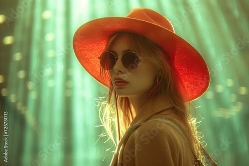 A stylish woman dons a chic sun hat and shades, adding a touch of glamour to her indoor ensemble photo