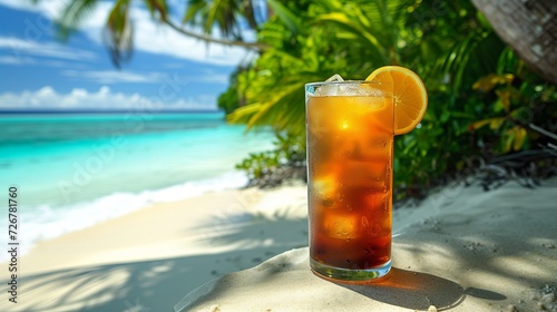 Tropical long island iced tea with blurred beach background, perfect for text and relaxation