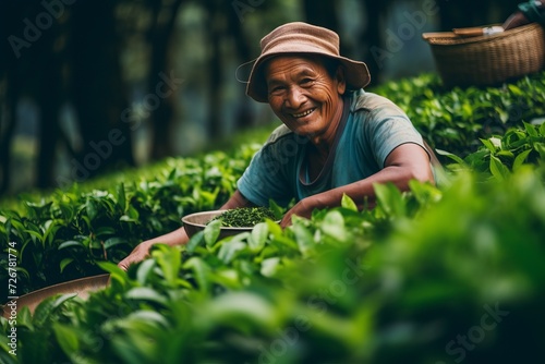 Happy chinese senior citizen enjoying the art of picking fresh tea leaves in a lush field
