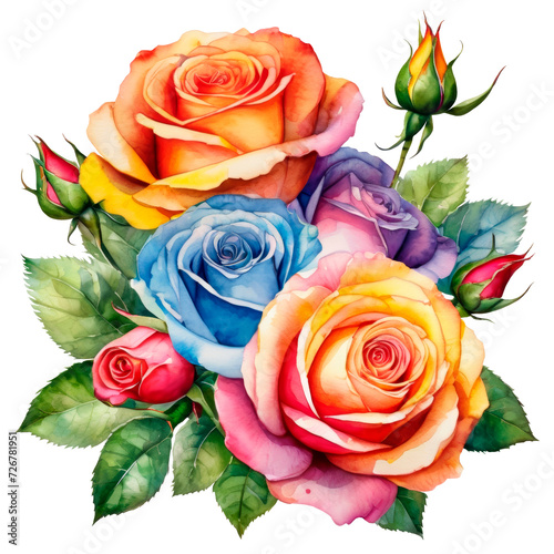 Vibrant rainbow color roses composition for greeting cards and wedding stationary. Watercolor style	
