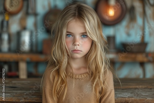 A captivating portrait of a young woman with flowing blonde hair, her human face radiating beauty and confidence as she poses indoors in fashionable clothing against a wooden backdrop