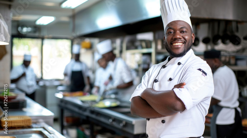 Smiling African American chef in restaurant kitchen © Kondor83