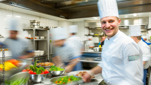 Smiling Caucasian male chef busy cooking in commercial restaurant kitchen