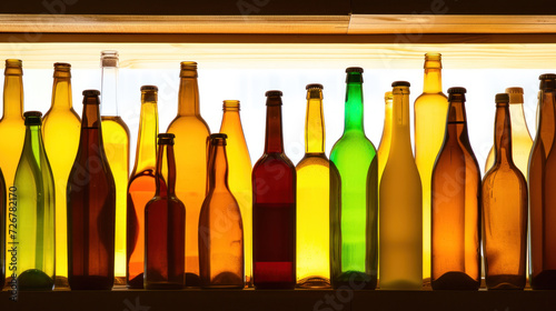 Multi-colored bottles on shelf in bar