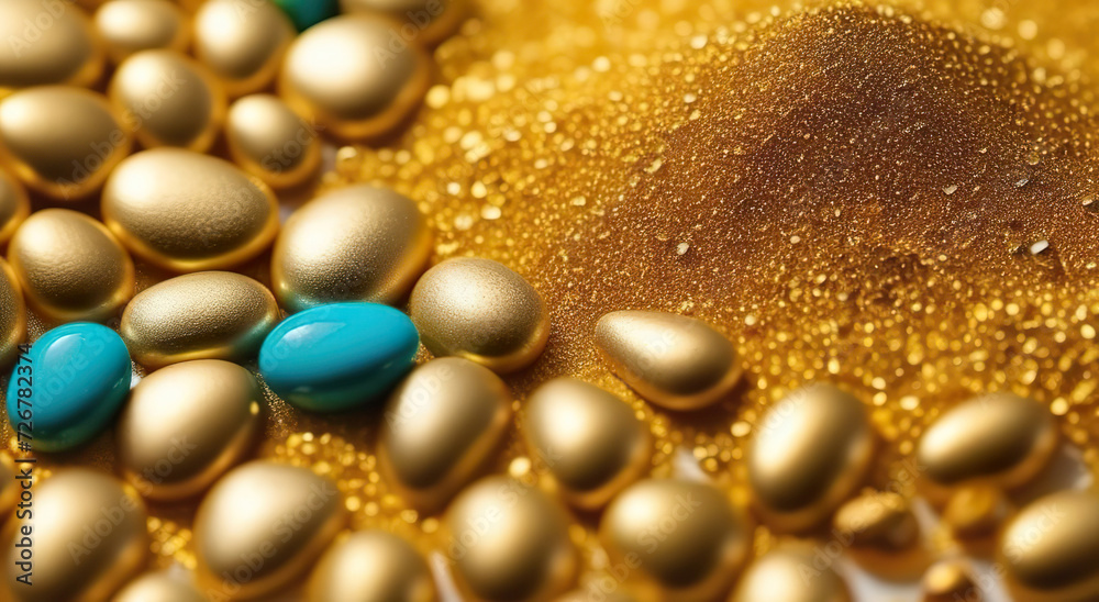 Sea pebbles in gold and turquoise colors. Top view. Close-up. Generated AI