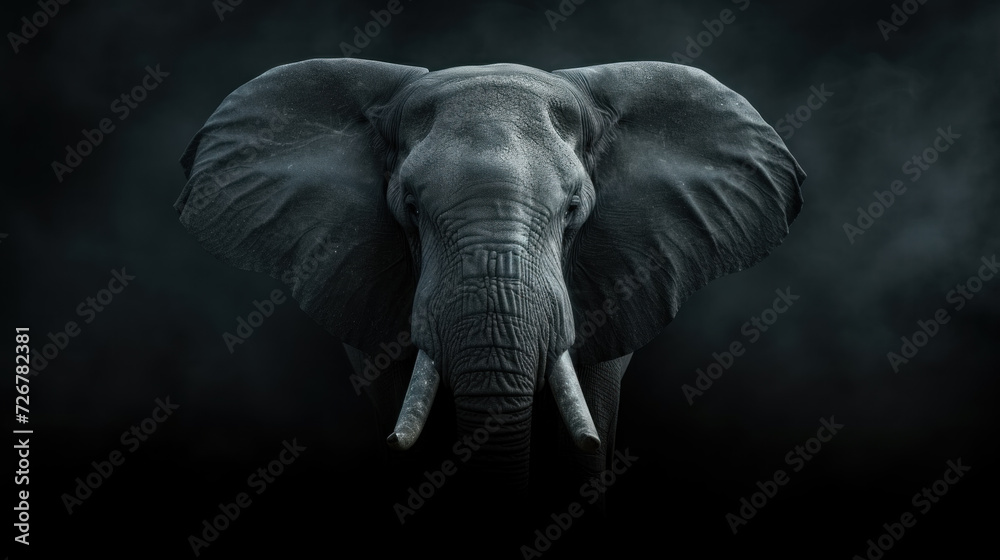 Black and white portrait of an elephant on dark background