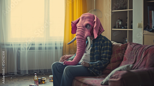Alcoholic man turned in pink elephant - alcohol delusions, end stage alcoholism concept photo