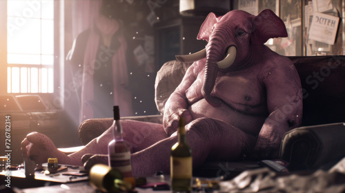 Anthropomorphic pink elephant in dirty room - scary delusions, heavy binge drinking, alcoholism, psychosis concept photo