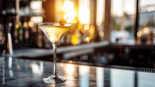 Martini cocktail on modern bar counter, sunset light