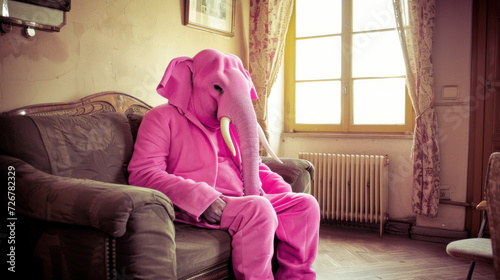 Pink elephant in apartment - alcoholic psychosis, delirium tremens concept