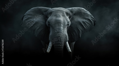 Black and white portrait of an elephant on dark background