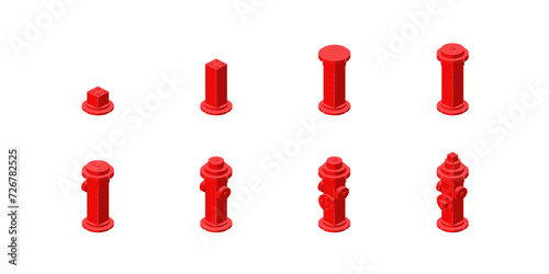 Step-by-step construction of a fire hydrant from plastic blocks in isometry. Vector