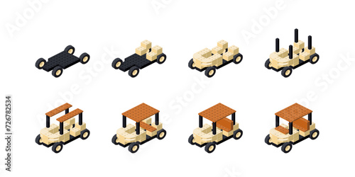 Step-by-step construction of a golf cart from plastic blocks in isometry. Vector
