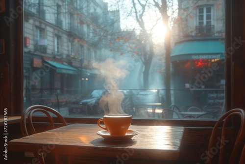 A serene morning in the city, sipping on a warm cup of coffee at an outdoor table adorned with elegant serveware and overlooking a bustling street