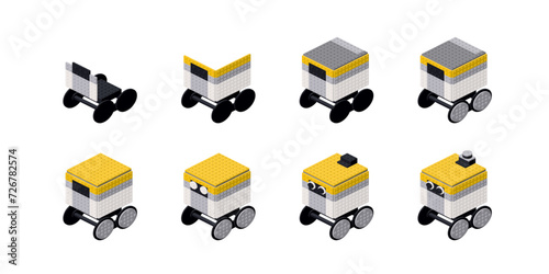 Step-by-step construction of a courier robot from plastic blocks in isometry. Vector