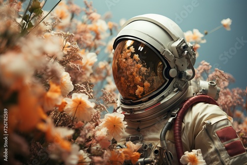 Surreal spaceman adorned with vibrant flowers - distinctive close-up illustration photo