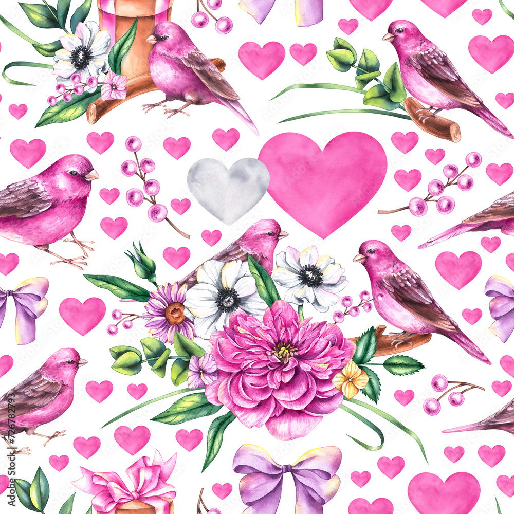 Watercolor Valentines Day pattern with bouquets of flowers, birds and flowers isolated on white