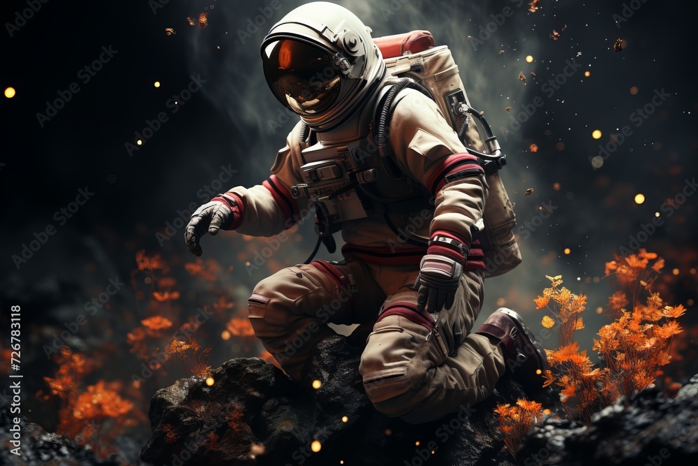 Fototapeta premium Surreal illustration of spaceman surrounded by colorful dreamlike flowers in outer space