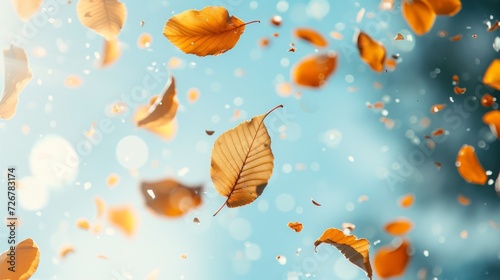 Enchanting Autumn Dance: Golden Leaves Twirling in a Magical Light-Filled Sky
