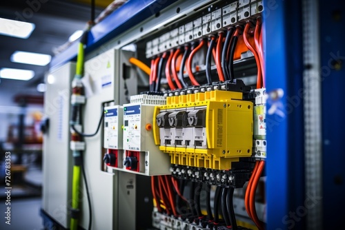 A Surge Suppressor Safeguarding Electrical Equipment in an Industrial Setting, Surrounded by Wires, Panels and Tools