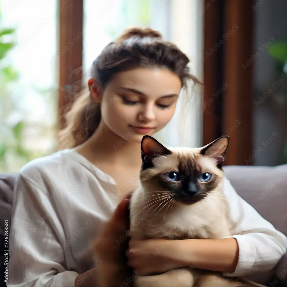 Indoor shot of amazing lady holding pet. Portrait of young woman holding cute striped cat with green eyes. Female hugging her cute kitty. Adorable domestic pet concept. Indoor shot of amazing lady Indoor shot of amazing lady holding pet. Portrait of young woman holding cute striped cat with green eyes. Female hugging her cute kitty. Adorable domestic pet concept. Indoor shot of amazing lady